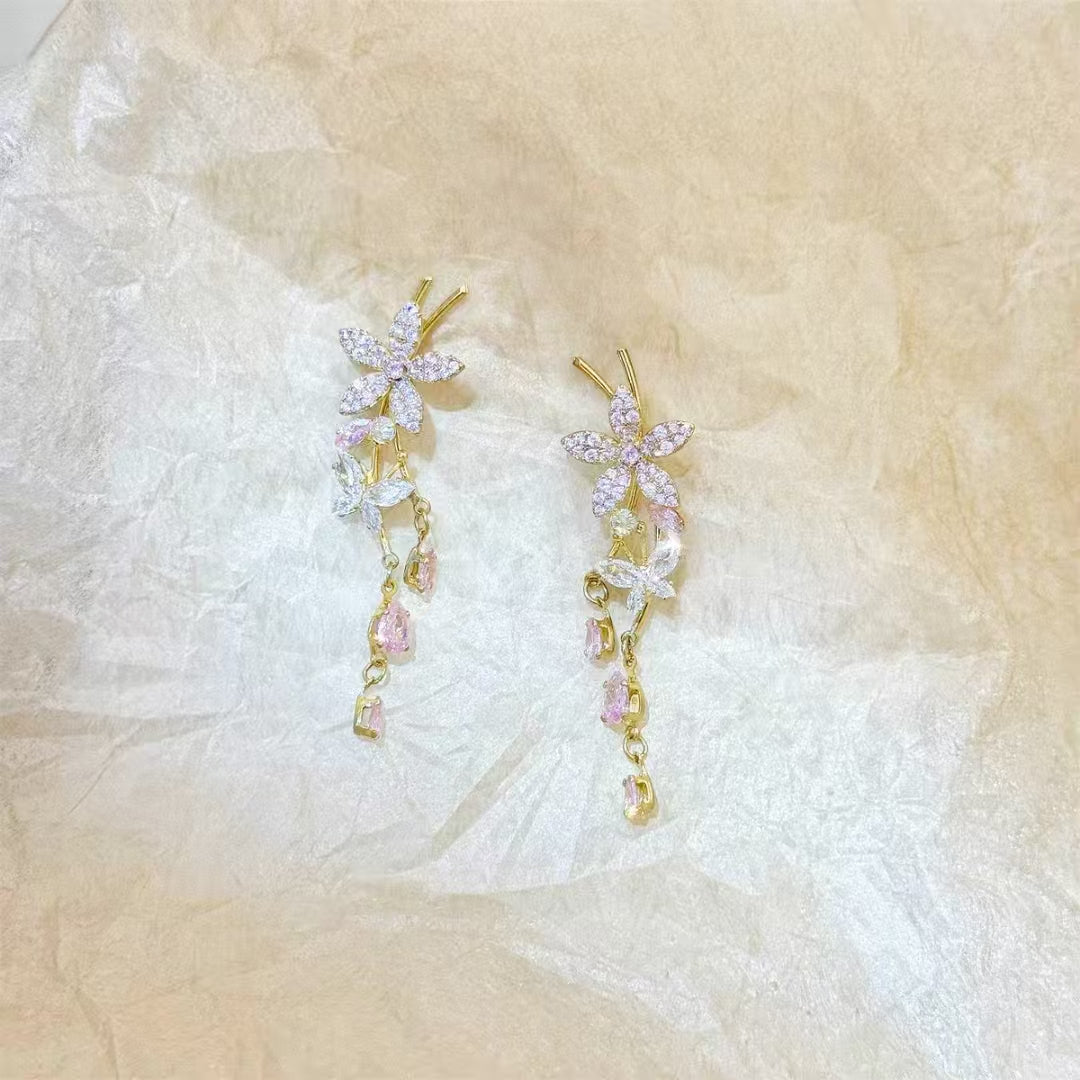 粉锆石满钻花长款耳环